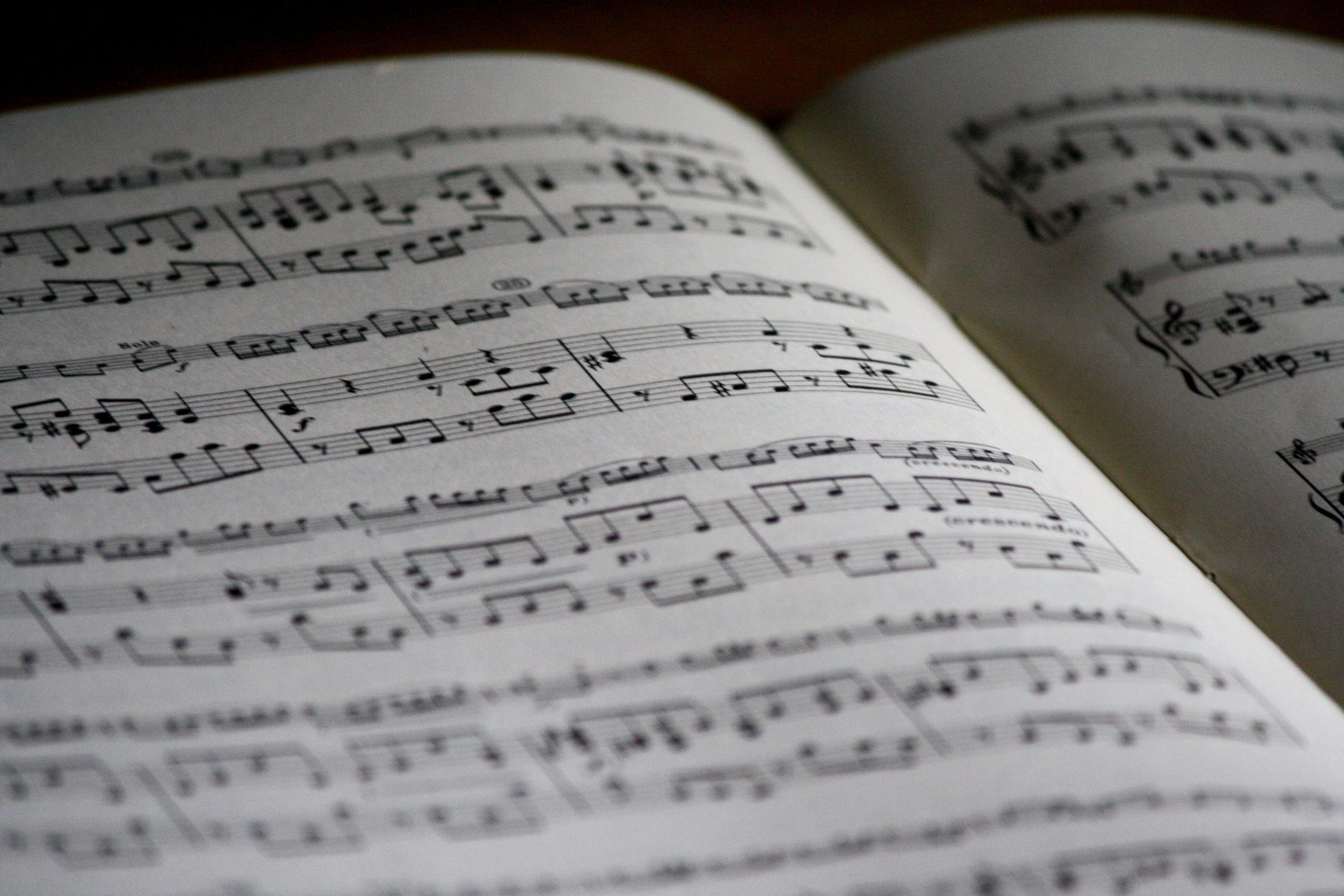 black and white shot of sheet music with notes
