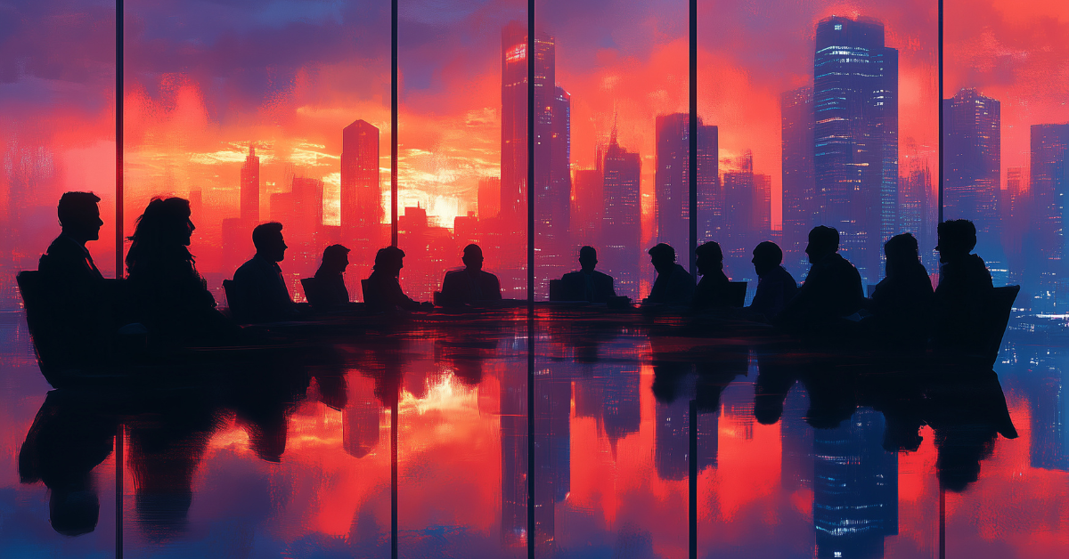 A boardroom filled with diverse executives discussing a compensation strategy with city skyscrapers visible through the windows, representing collective management
