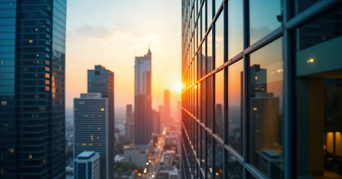 Modern city skyline at sunset. Skyscrapers dominate urban landscape. Dynamic interplay of architecture, business life. City view from high building. Sun sets behind buildings, reflects in windows.