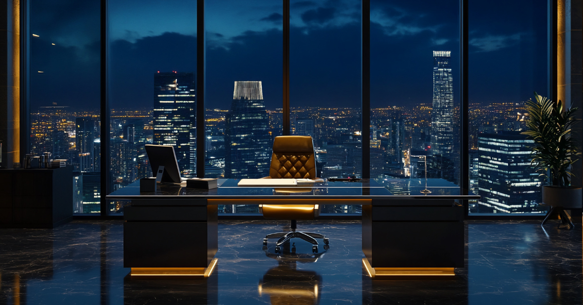 Luxurious penthouse office at night overlooking cityscape, signifying surging stock and CEO compensation