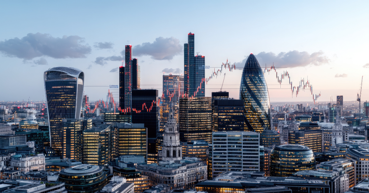 London cityscape at dusk, stock market graph overlay, financial district