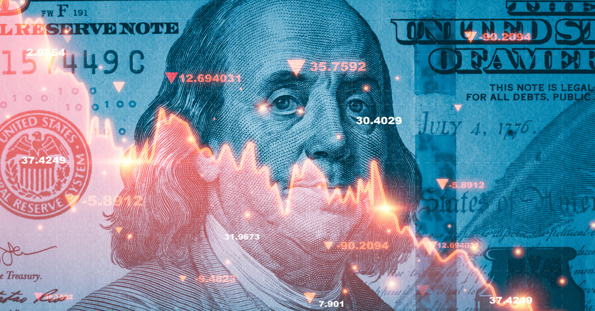 Benjamin Franklin face on USD dollar banknote with red decreasing stock market graph chart for symbol of economic recession crisis concept
