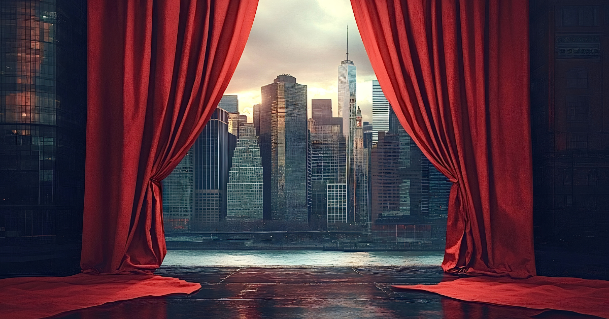 Red curtains opening on new york city skyline at sunset