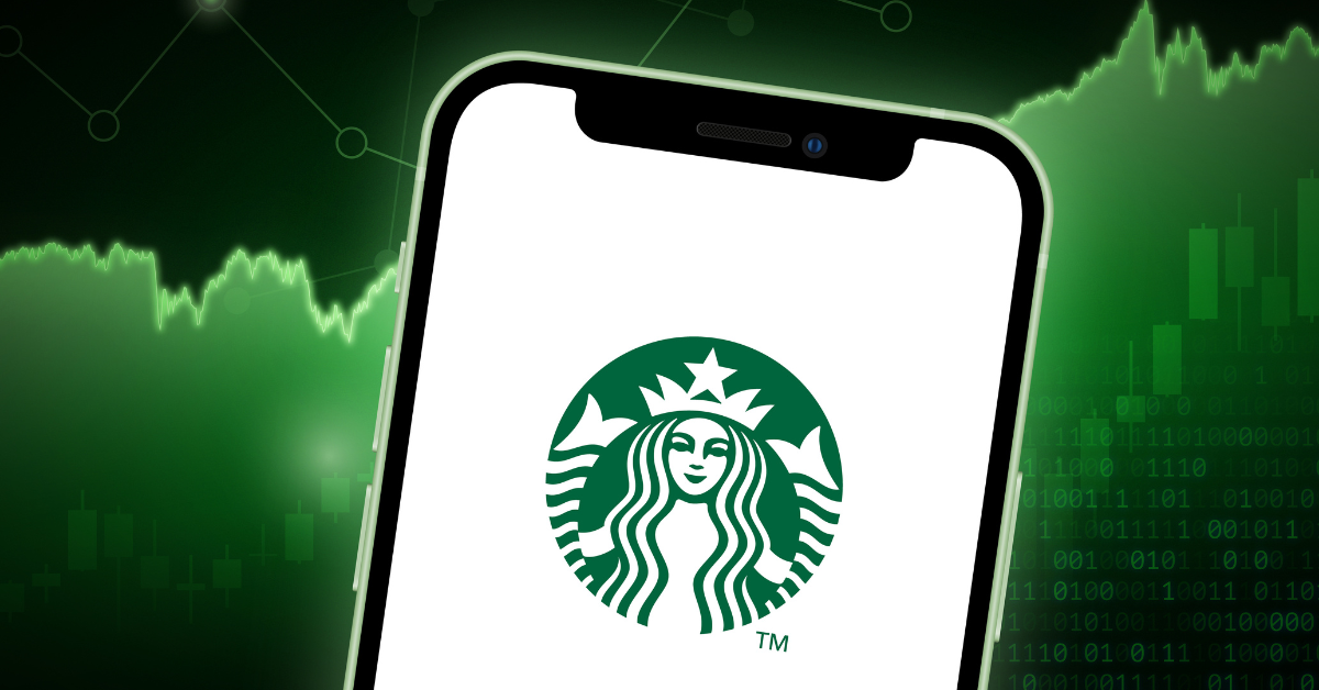 Starbucks stock market vector illustration, with iPhone splash screen. Bullish green.