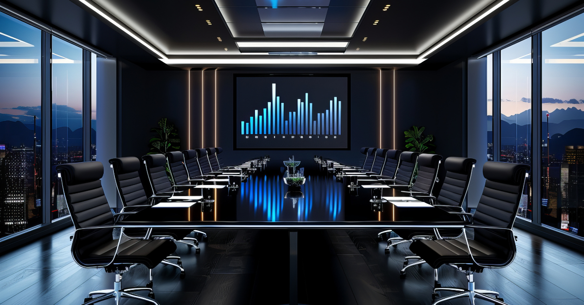 Corporate Boardroom: A sleek and modern boardroom, bathed in cool blue light. The expansive windows offer a breathtaking city view. The boardroom is ready for a strategic meeting.