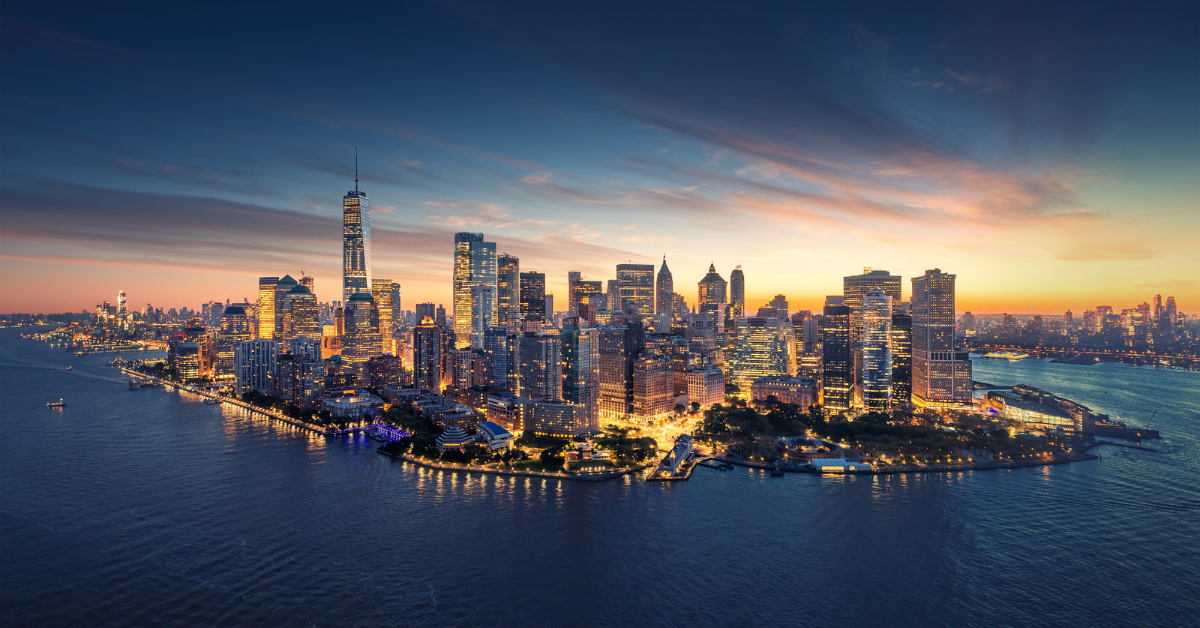 New York City panorama skyline at sunrise. Manhattan office buildings / skysrcapers at the morning. New York City panoramatic shot