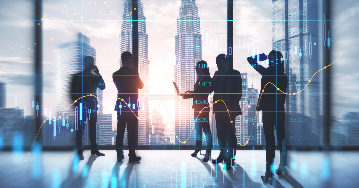 businesspeople working together in modern office interior with panoramic city view, glowing forex big data index chart and toning