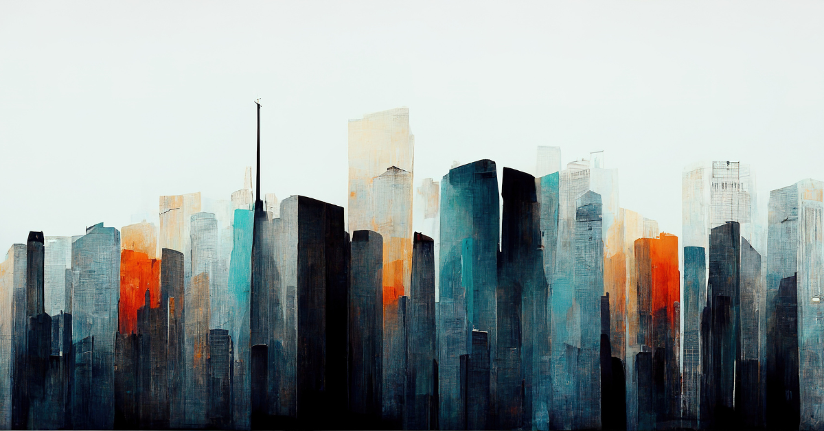 Spectacular watercolor painting of an abstract urban, cityscape, skyscraper scene in orange and teal, grayish smog. Double exposure building. Digital art 3D illustration