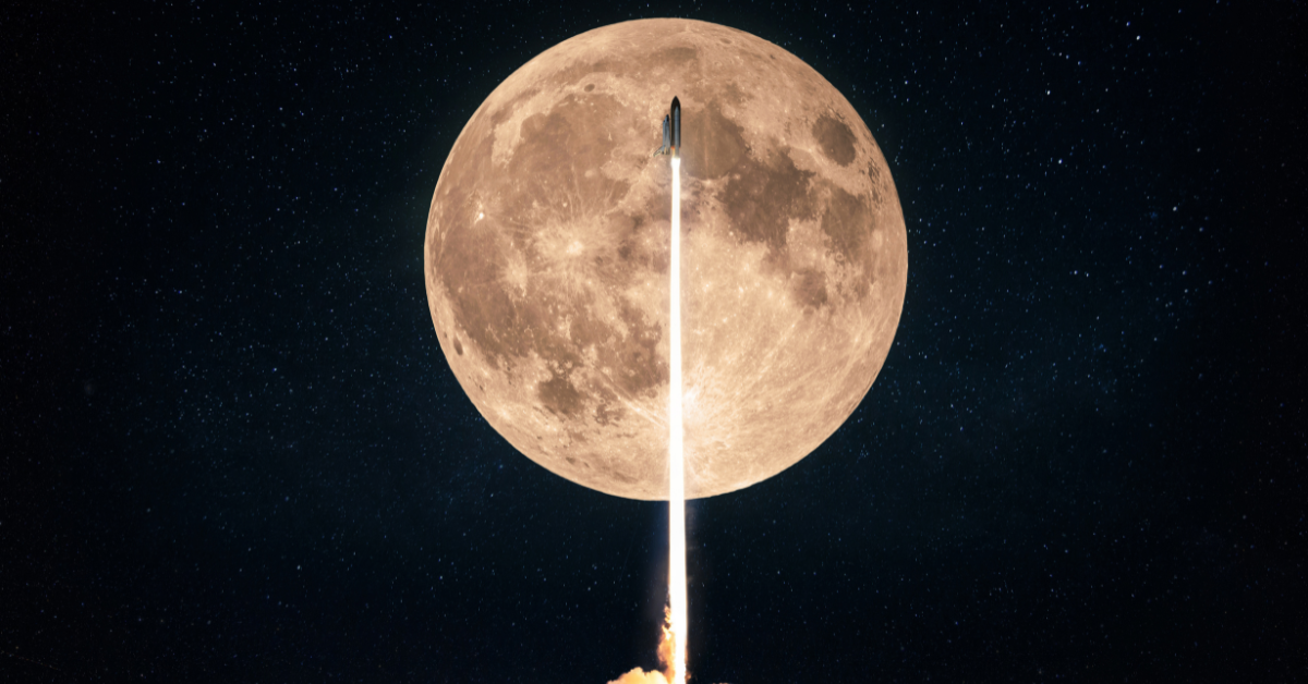 Successful rocket launch into space on the background of a full moon with craters and stars. Spaceship shuttle lift off into outer space, start of space mission concept, signifying moonshot