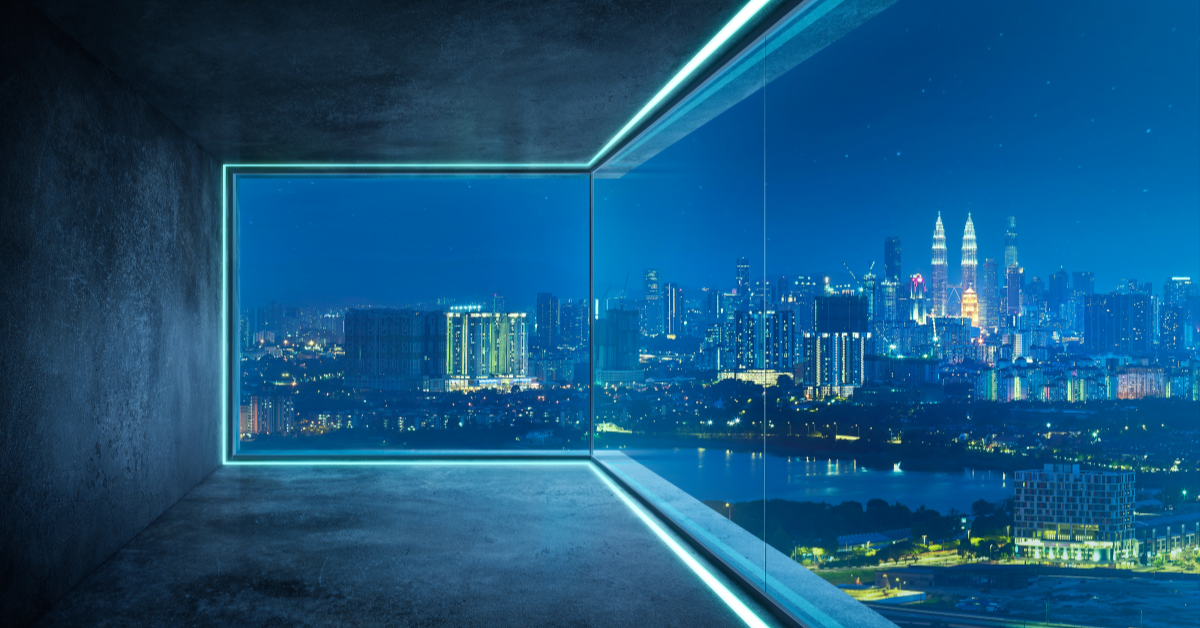 Empty loft unfurnished contemporary interior office with city skyline and buildings city from glass window