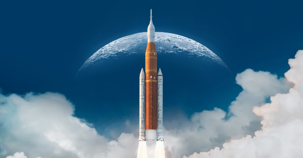 SLS space rocket in sky with clouds in front of the moon