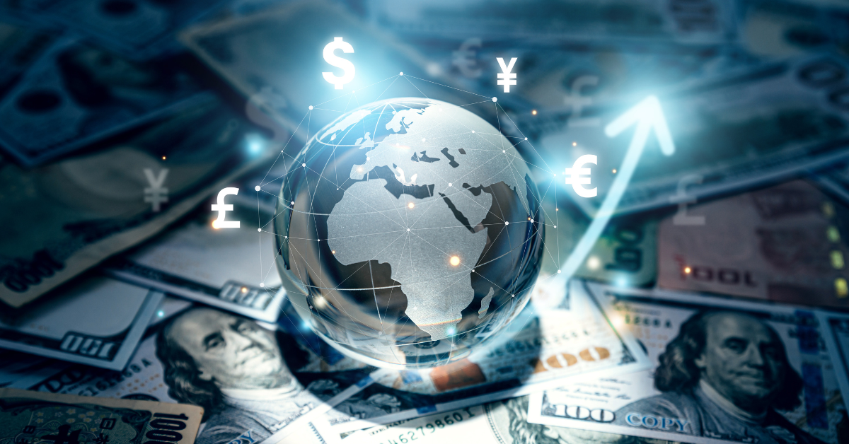 globe of earth on top of paper bills from across the world, and glowing money signs around it, signifying CEO Pay