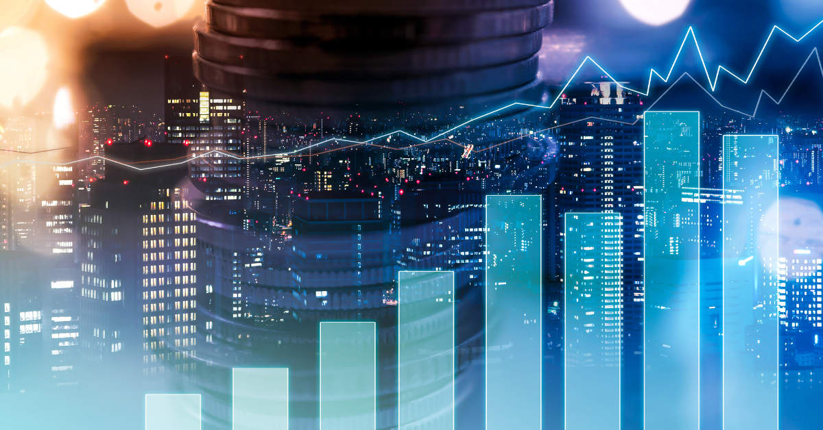 Double exposure of city view , diagram bar and line graph , rows of coins for finance , money , investment and business concept background