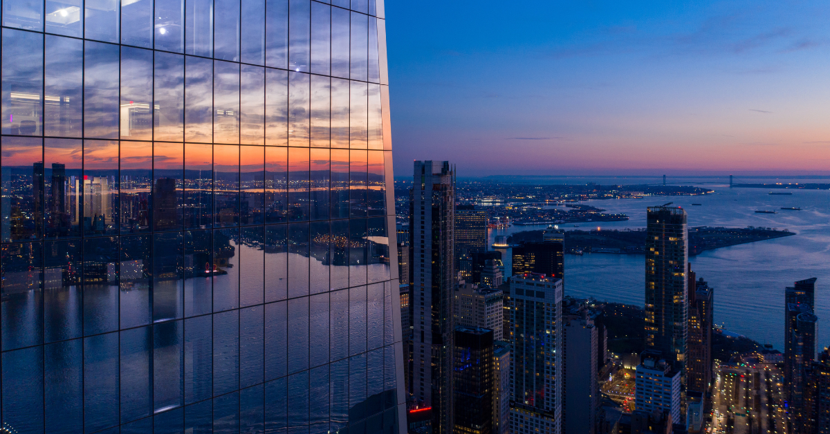 New York City WTC with governors island in sunset, aerial photography, signifying SEC