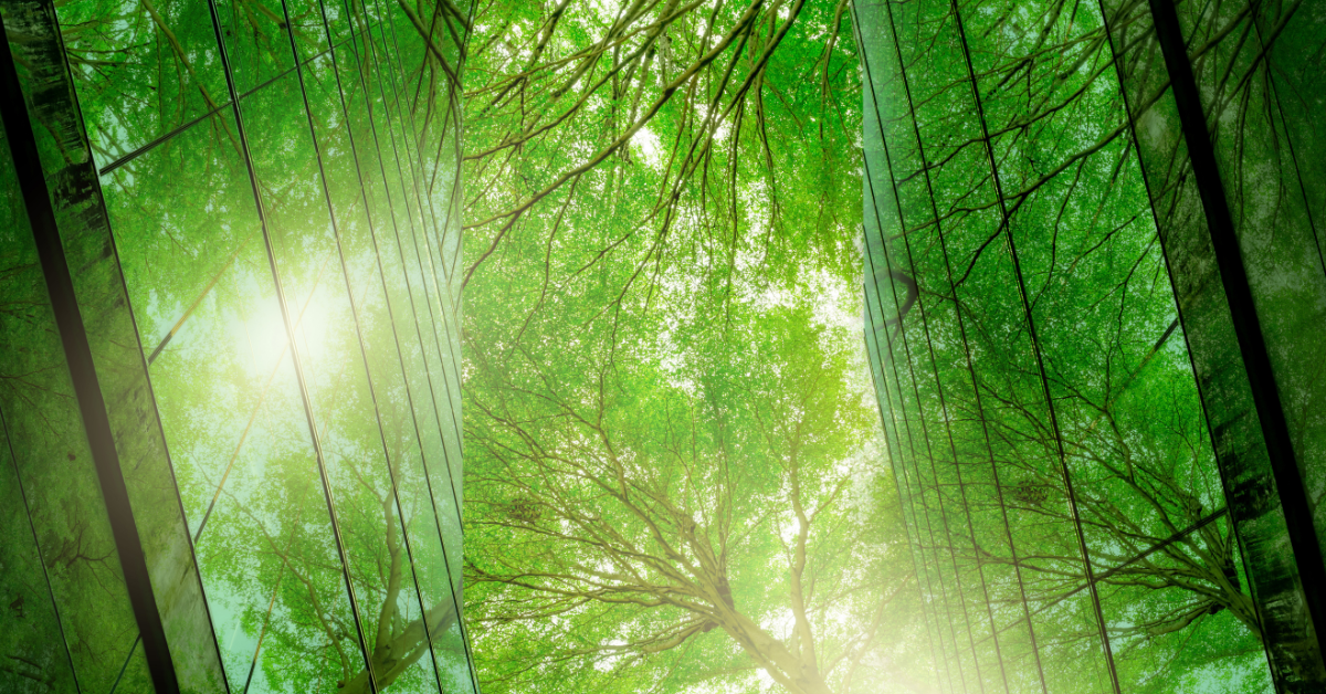 Sustainble green building. Eco-friendly building. Sustainable glass office building with tree for reducing carbon dioxide. Office with green environment. Corporate building reduce CO2. Safety glass.