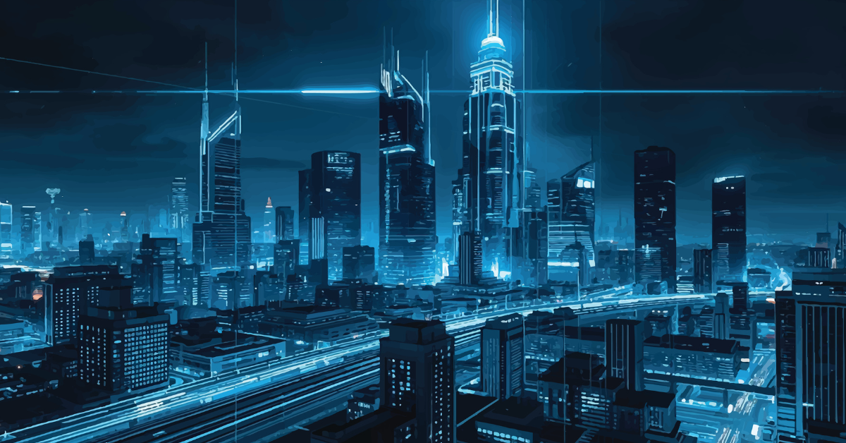 Abstract technology background featuring a blue vector illustration of an urban city skyline with night light silhouettes of downtown business buildings and skyscraper architecture