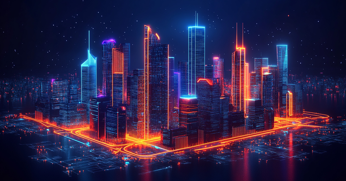 Smart city on a dark blue background, featuring intelligent infrastructure and connected buildings. This futuristic cityscape showcases IoT, 5G and AI integration network