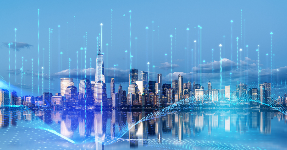 AI Smart city interface with arrows over New York Skyline Mirrored