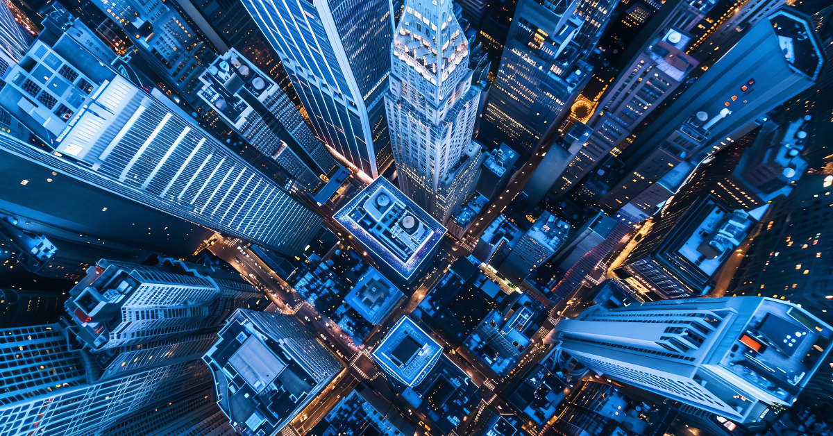 aerial view of skyscrapers in financial district of new york city blue tint urban landscape photography